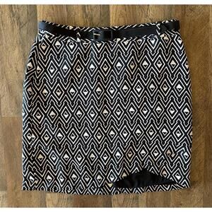 White House Black Market 100% Silk Skirt Asymmetrical Front Belt Geometric Sz 6